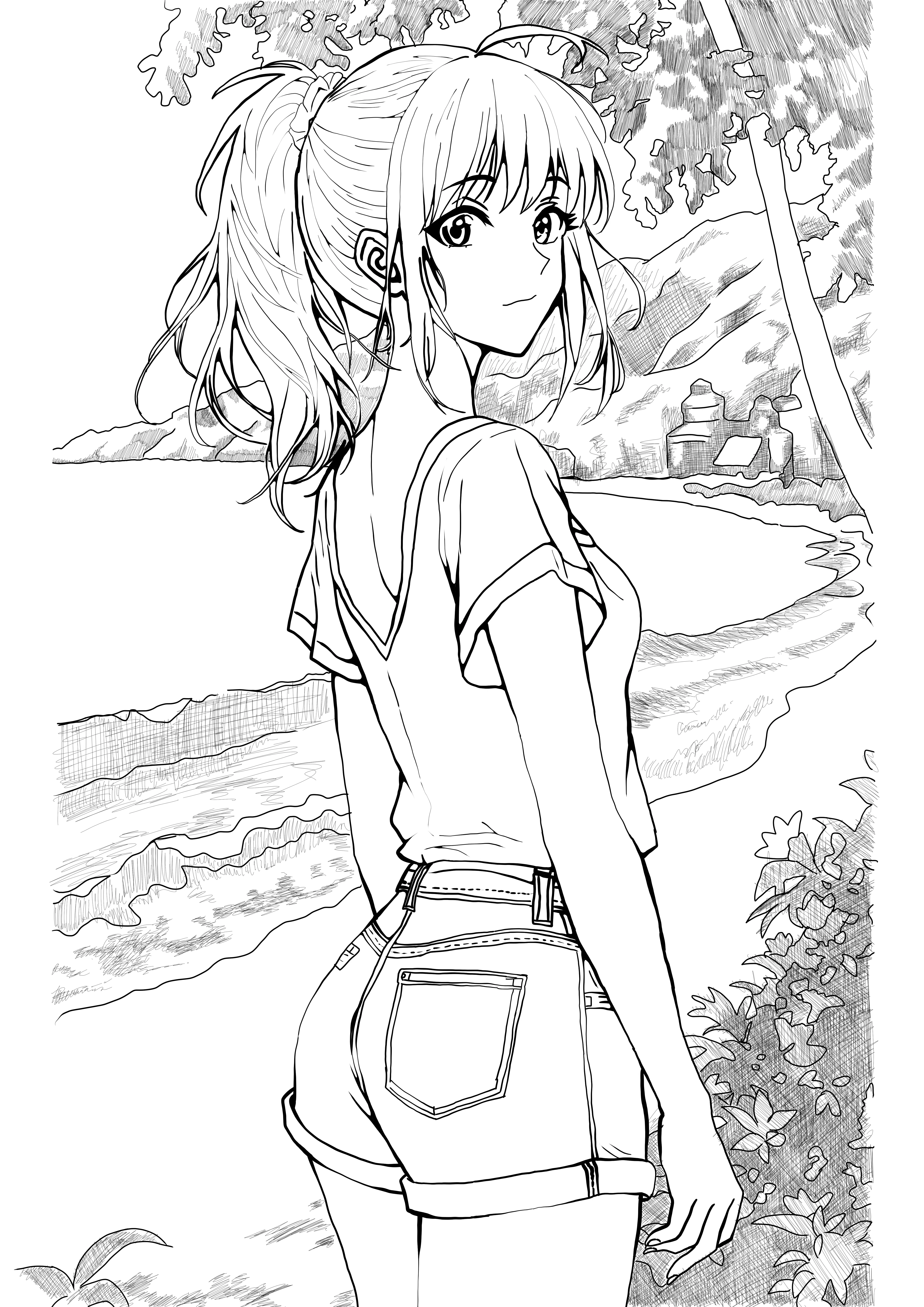 女性のポートレート線画イラスト ♯54 振り返る女性の絵｜にゃおりん｜線画イラスト練習中
