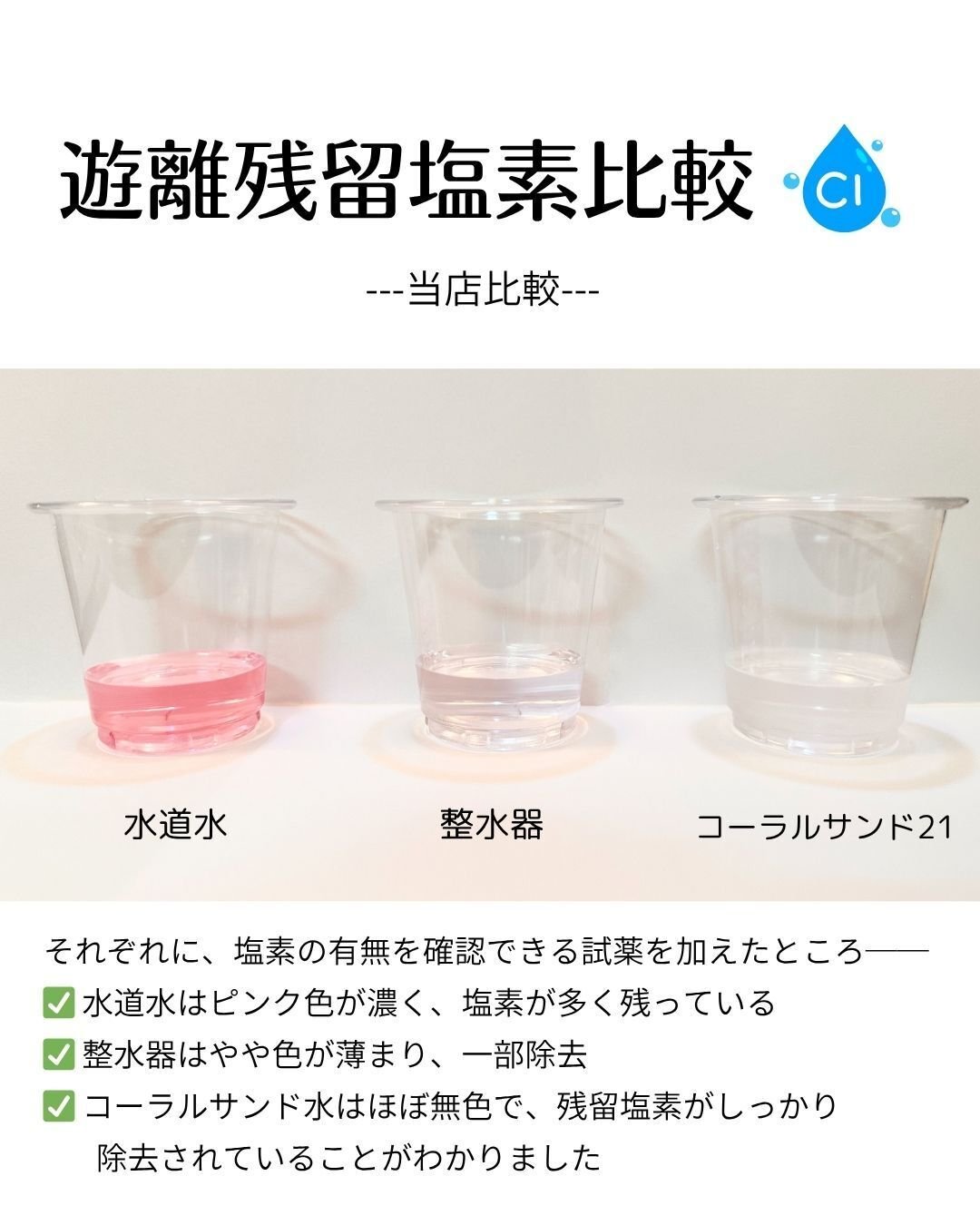 水道水 vsコーラルサンド21残留塩素濃度を徹底比較！｜elevate living