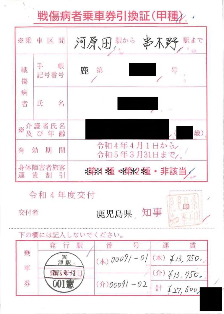 令和4年度の戦傷病者等乗車券類引換実績｜kisoku_yakkan