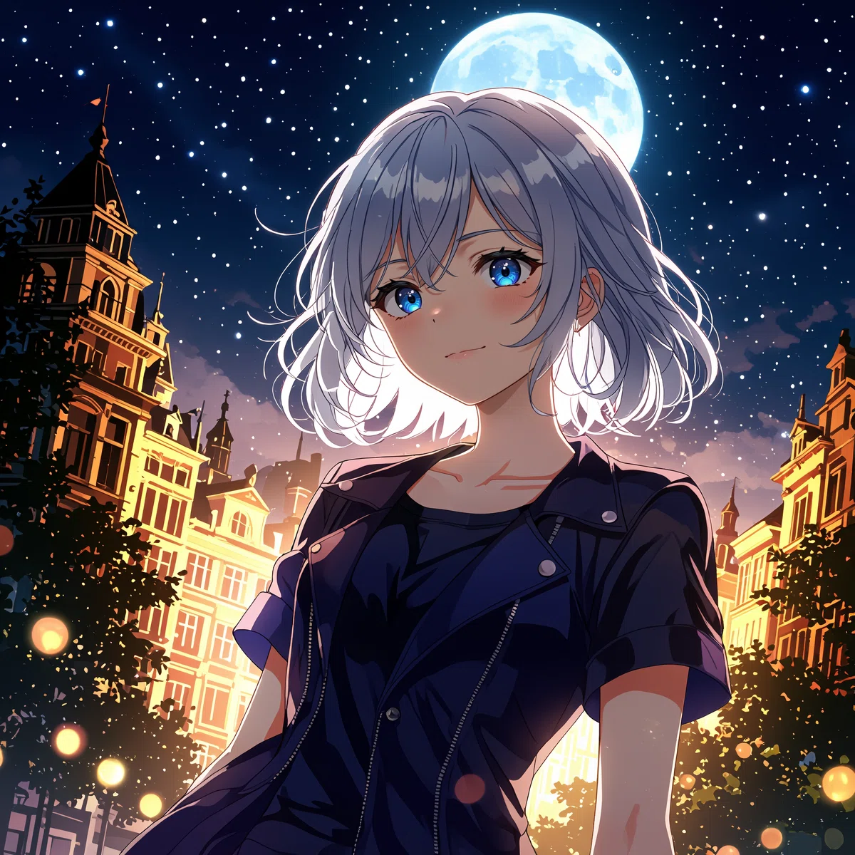 a female animated character with silver hair and blue eyes stands in front of a cityscape at night surrounded by a starry sky with a bright moon stars exuding a serene and dreamy atmosphere