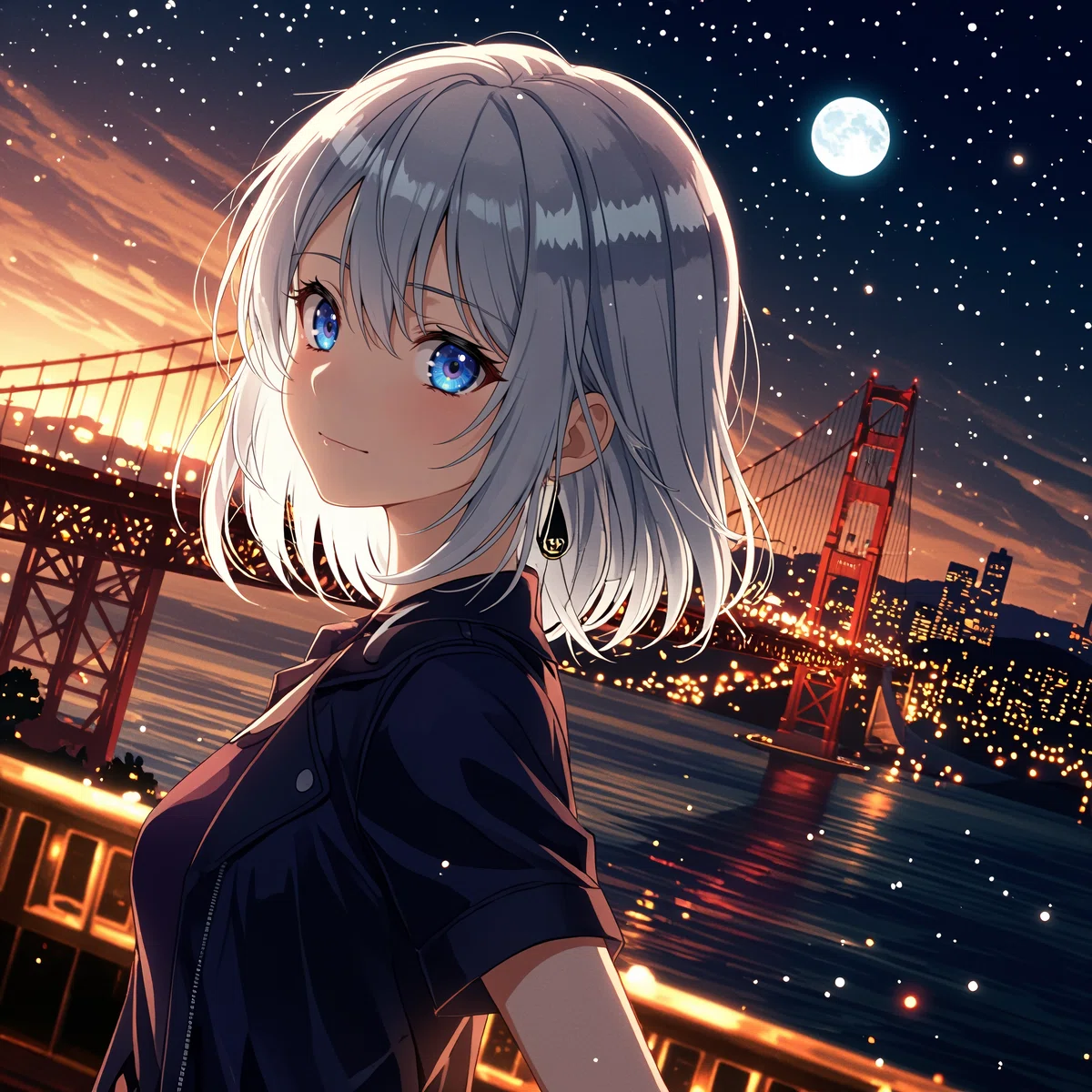a female animated character with silver hair and blue eyes stands on a balcony overlooking a cityscape and bridge at night surrounded by stars and a full moon with a serene and dreamy atmosphere