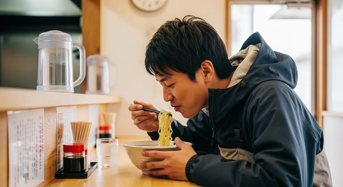 釣りで気持ちよく疲れた後にラーメンをすする、最高に幸せな瞬間の日本人男性。