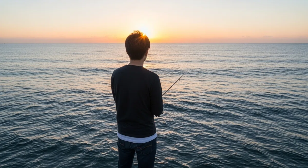  朝日の昇る広大な海に向かって、一人、釣り竿を手に佇む男性の後ろ姿。