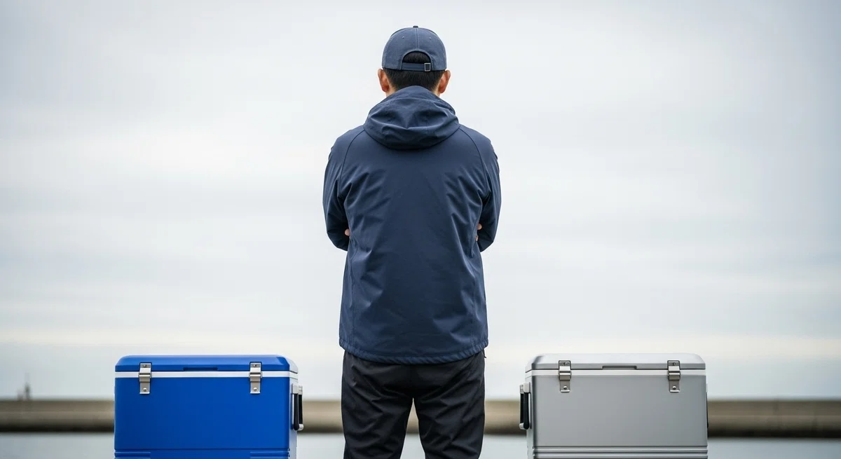 2つのクーラーボックスを前に、腕を組んで悩む日本人男性の後ろ姿