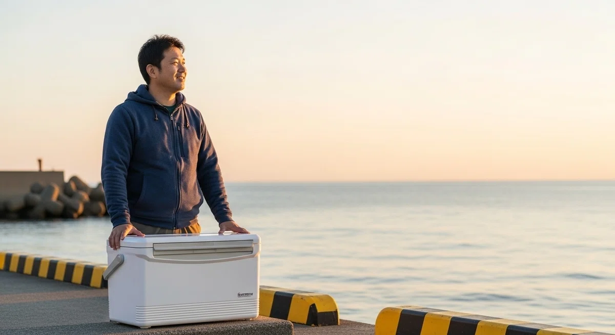美しい朝焼けの海を背に、新しい白いクーラーの横で満足げな表情を浮かべる日本人男性