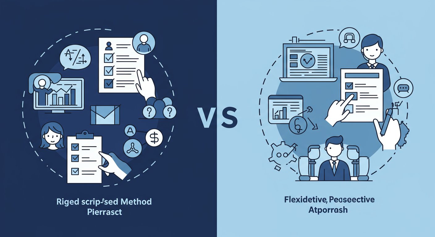 柔軟なインタビュー手法と固定的なシナリオの対比図