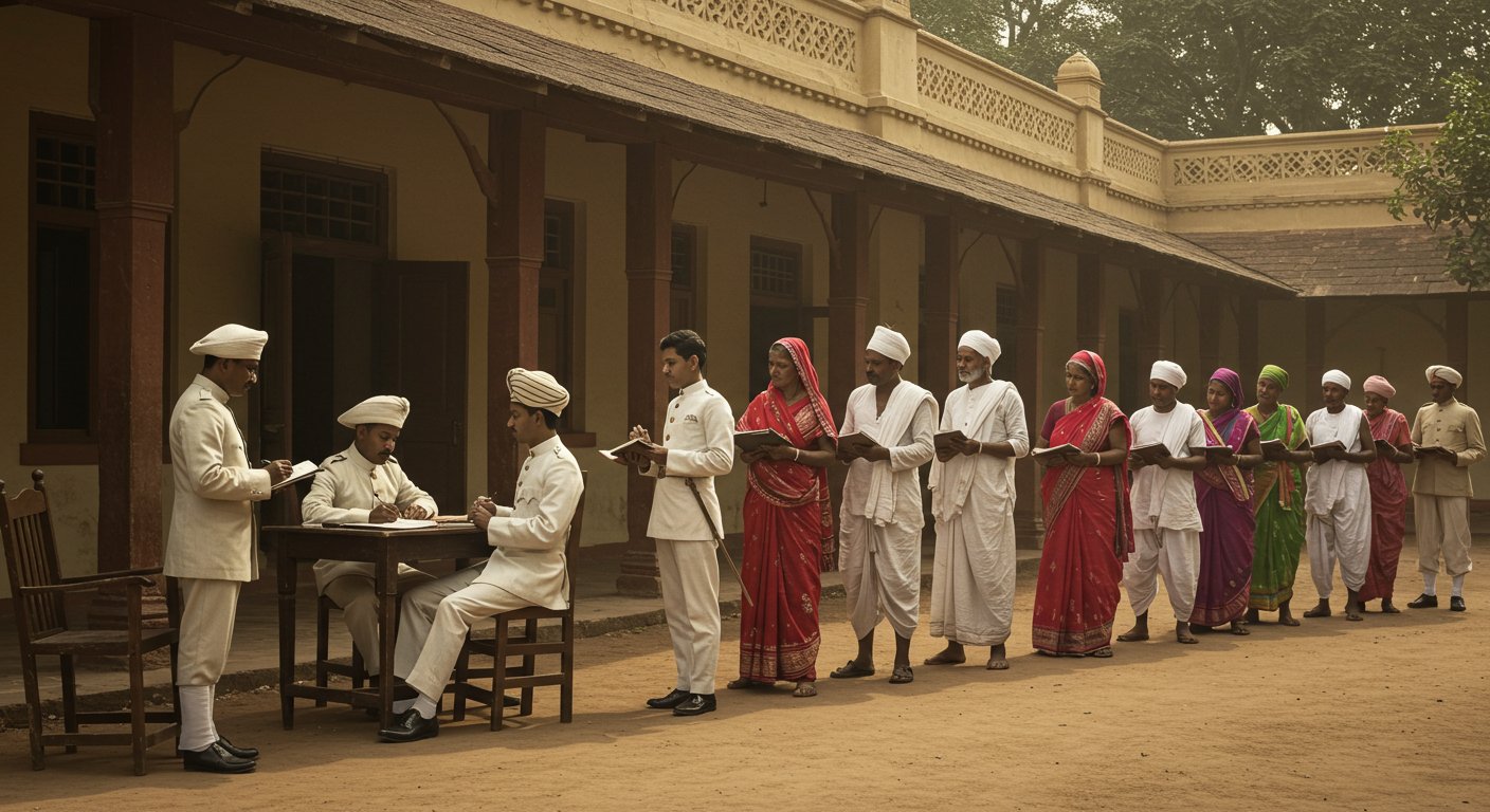 イギリス植民地時代のカースト調査を表現した歴史的シーン