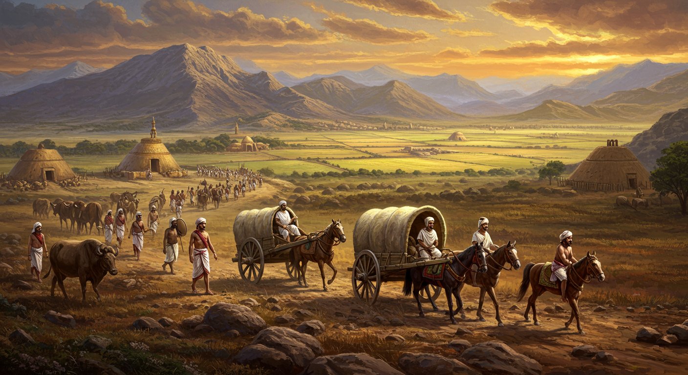 アーリア人のインド亜大陸への移住を描いた歴史的シーン