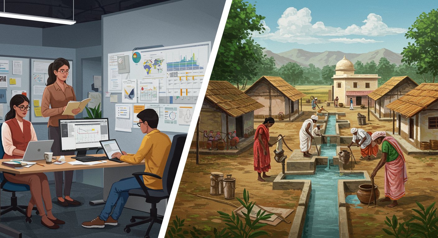 現代インド社会におけるカースト制度の影響を表現した都市と農村の対比