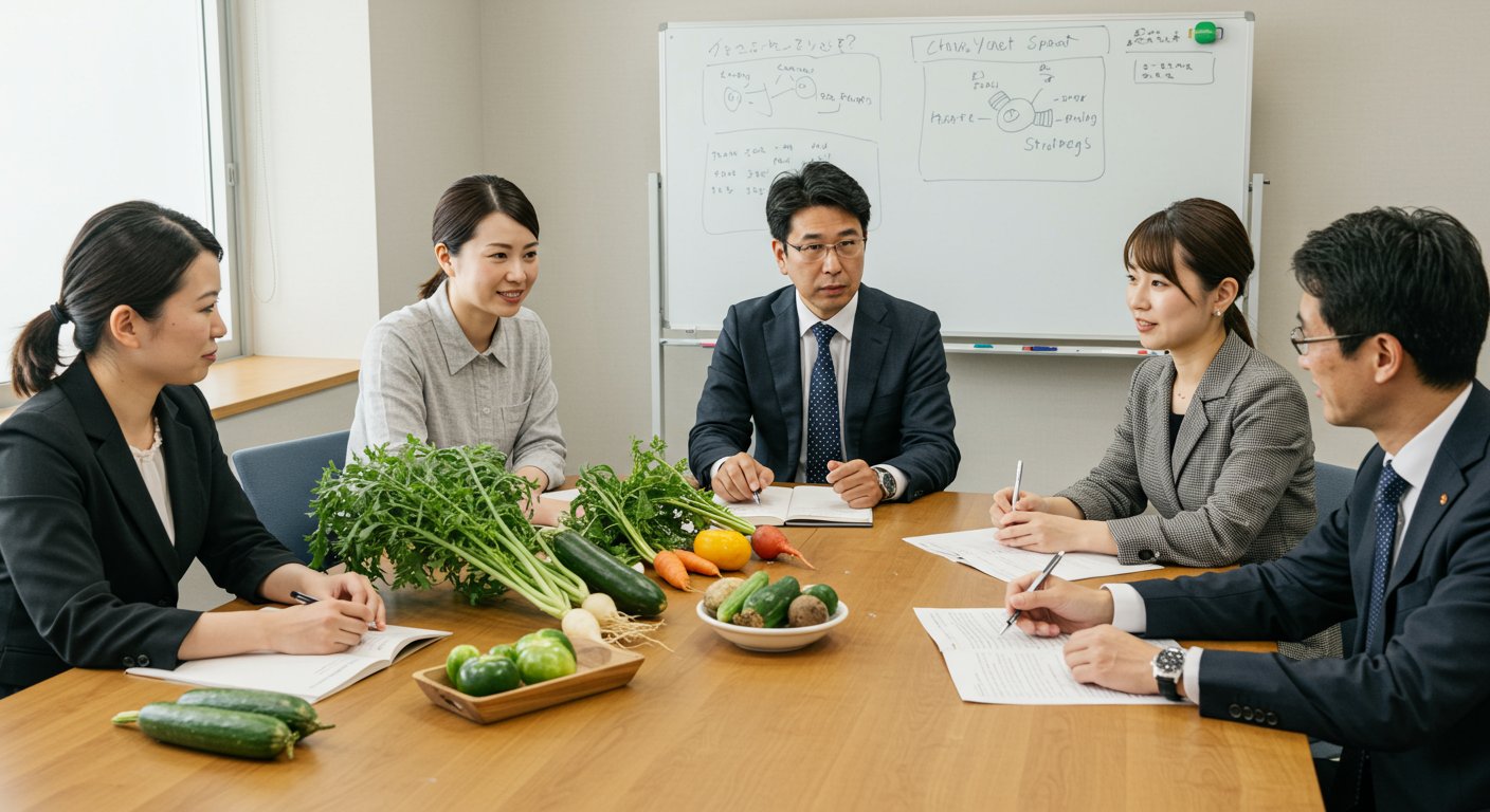 伝統野菜のブランド戦略を話し合う農家と専門家のミーティング風景