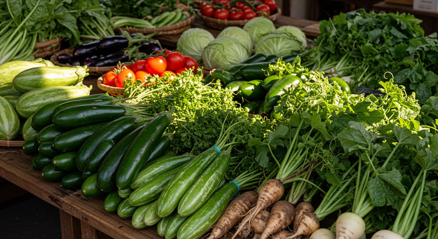 色とりどりの伝統野菜が美しく並べられた直売所の様子