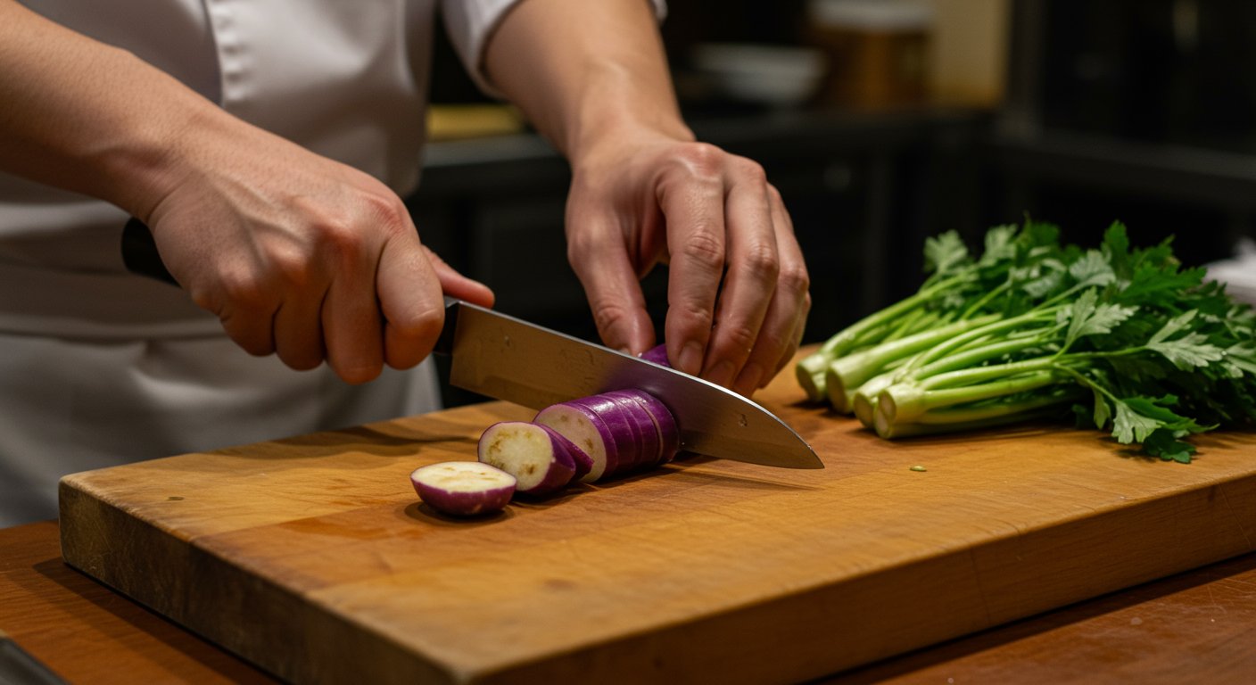 京野菜を丁寧に調理する京都の料理人の手元
