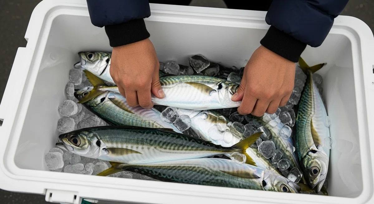 氷で満たされたクーラーボックスの中に、釣れたアジが綺麗に並べられていく手元のショット。
