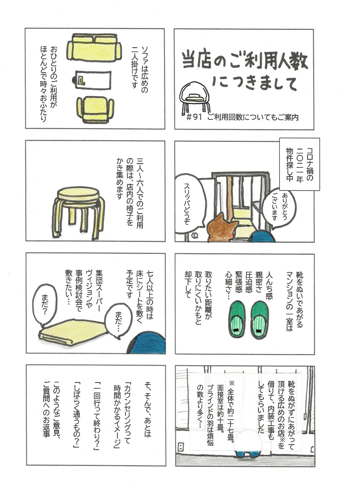 開業に際し、治療構造を考えた結果、今のお店に決定したこと、お一人の利用が大半だけれど、広々とした空間でお迎えできていること、について説明したマンガ。