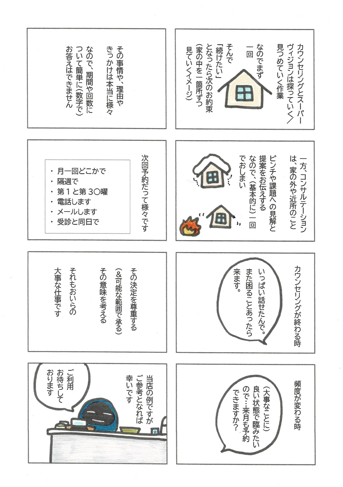 利用の期間や回数は、状況や目的により様々であり、次回予約の取り方もお一人お一人異なることについて紹介。あくまで一例だけれど、カウンセリングルームの利用に際しての参考になればと描いたマンガ。