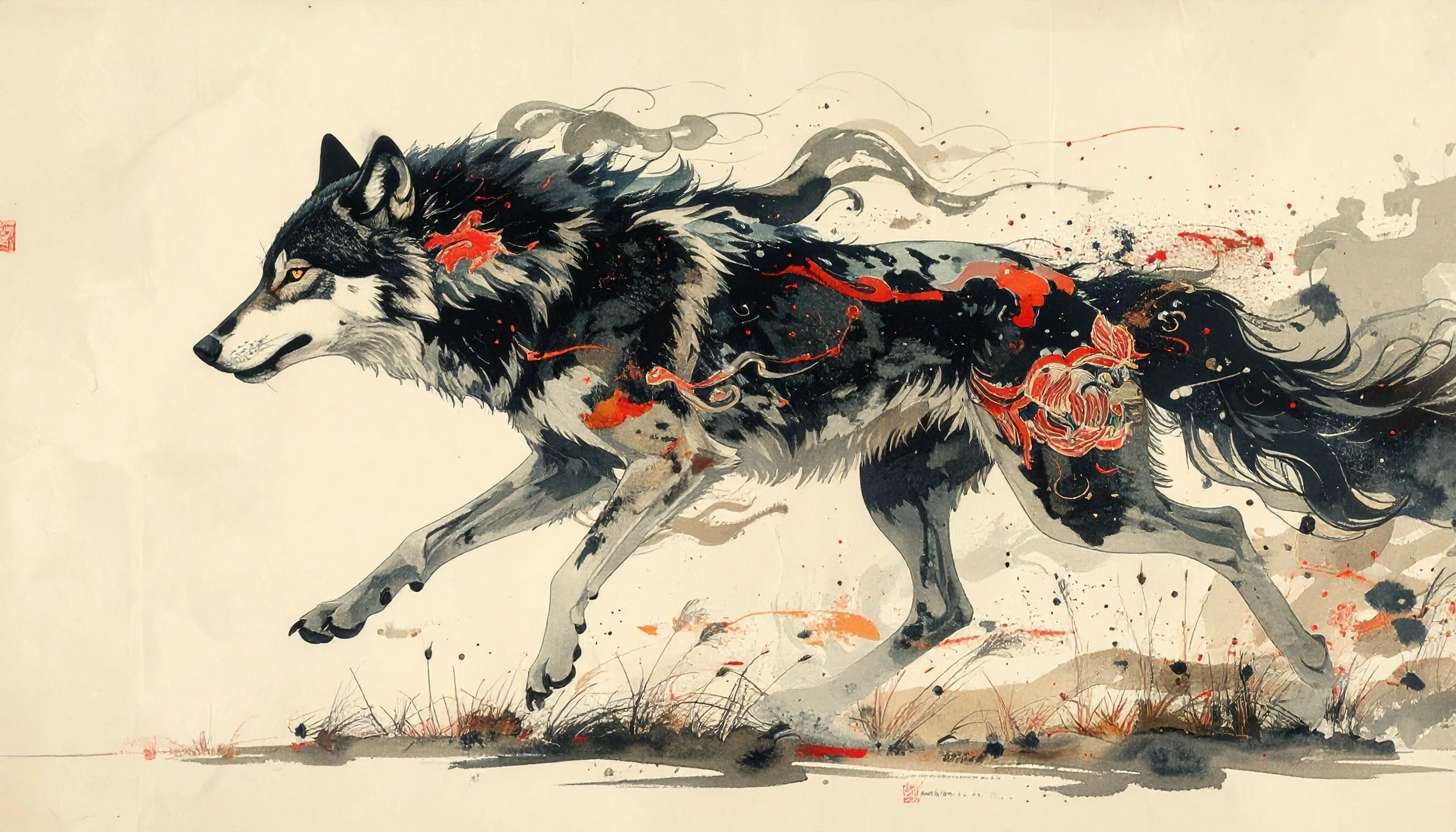 片目の狼(絵画) 虎視眈々- 白狼黒兎図 F30号 白い狼と黒い兎を描きました。長沢芦雪の