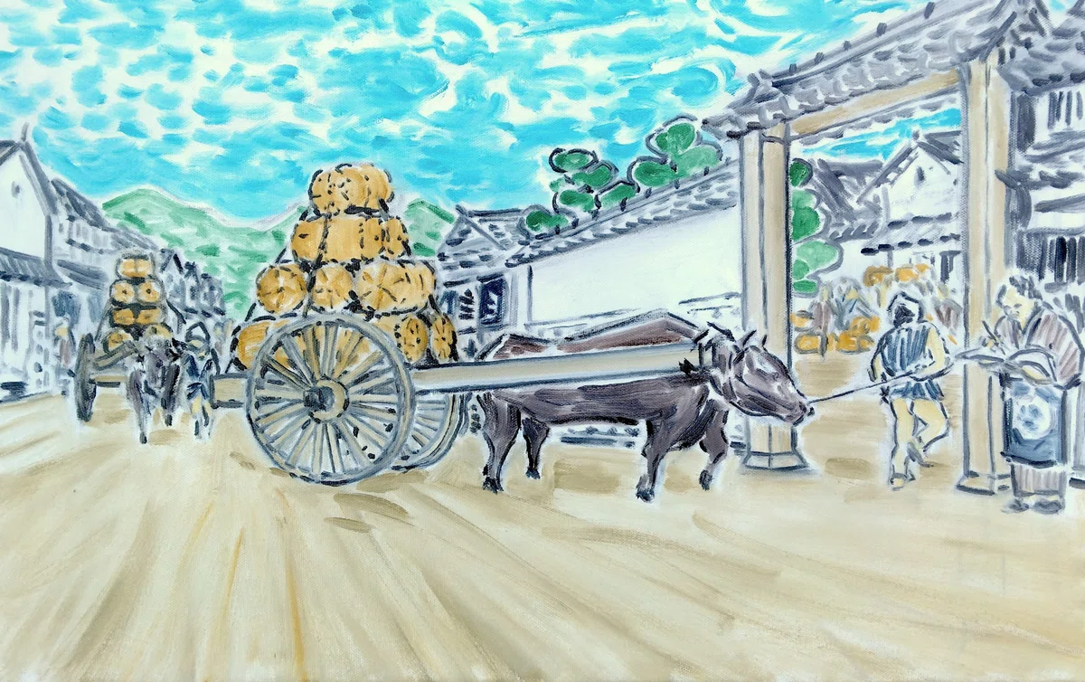 新町の大通りの米問屋に年貢米を積んだ牛車が入っていく｜Sal