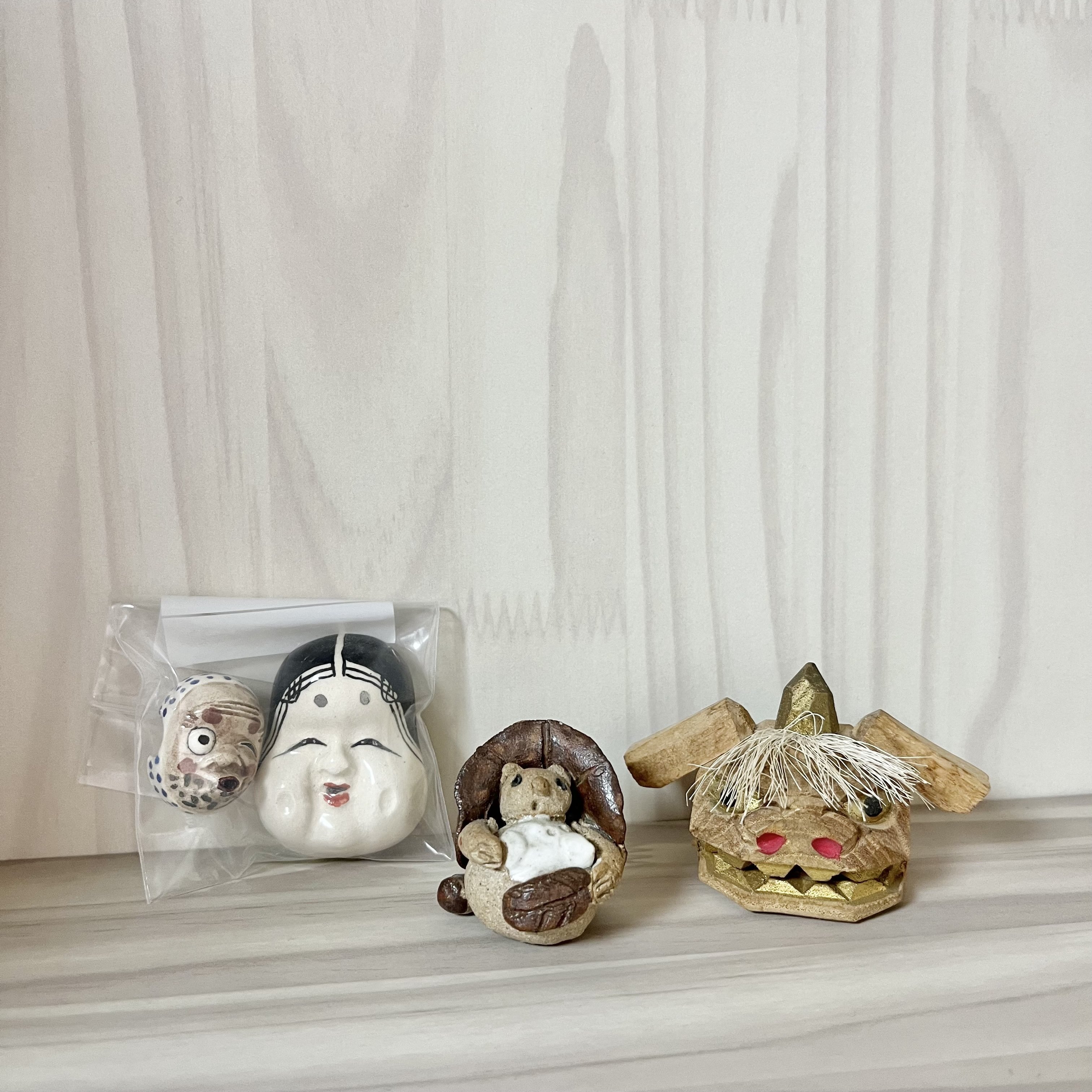 小物シリーズ ➂おかめ、ひょっとこ、たぬき、獅子頭｜ming