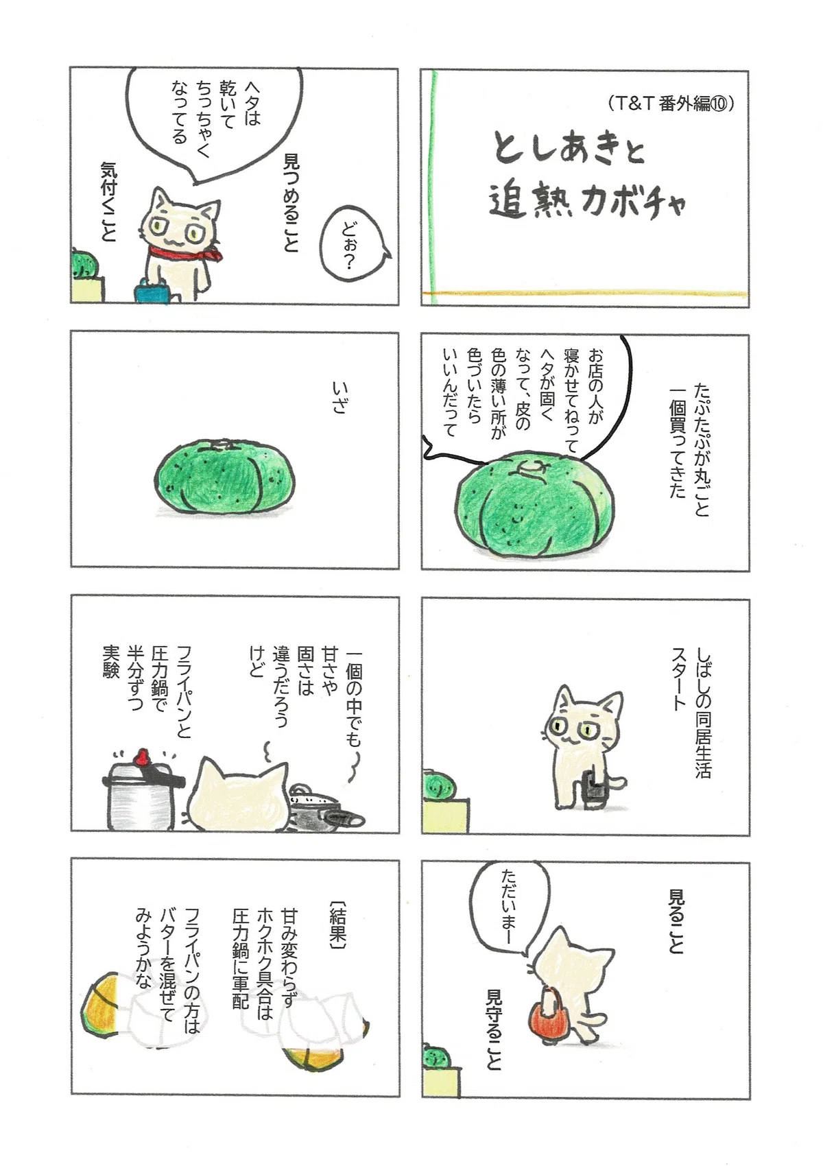 追熟が必要なカボチャは、きっとあともう少し置いておくとよかったかもだけど、変化を見守って、そうして二つのやり方で火を通して。おいしくいただいたとしあきの話。