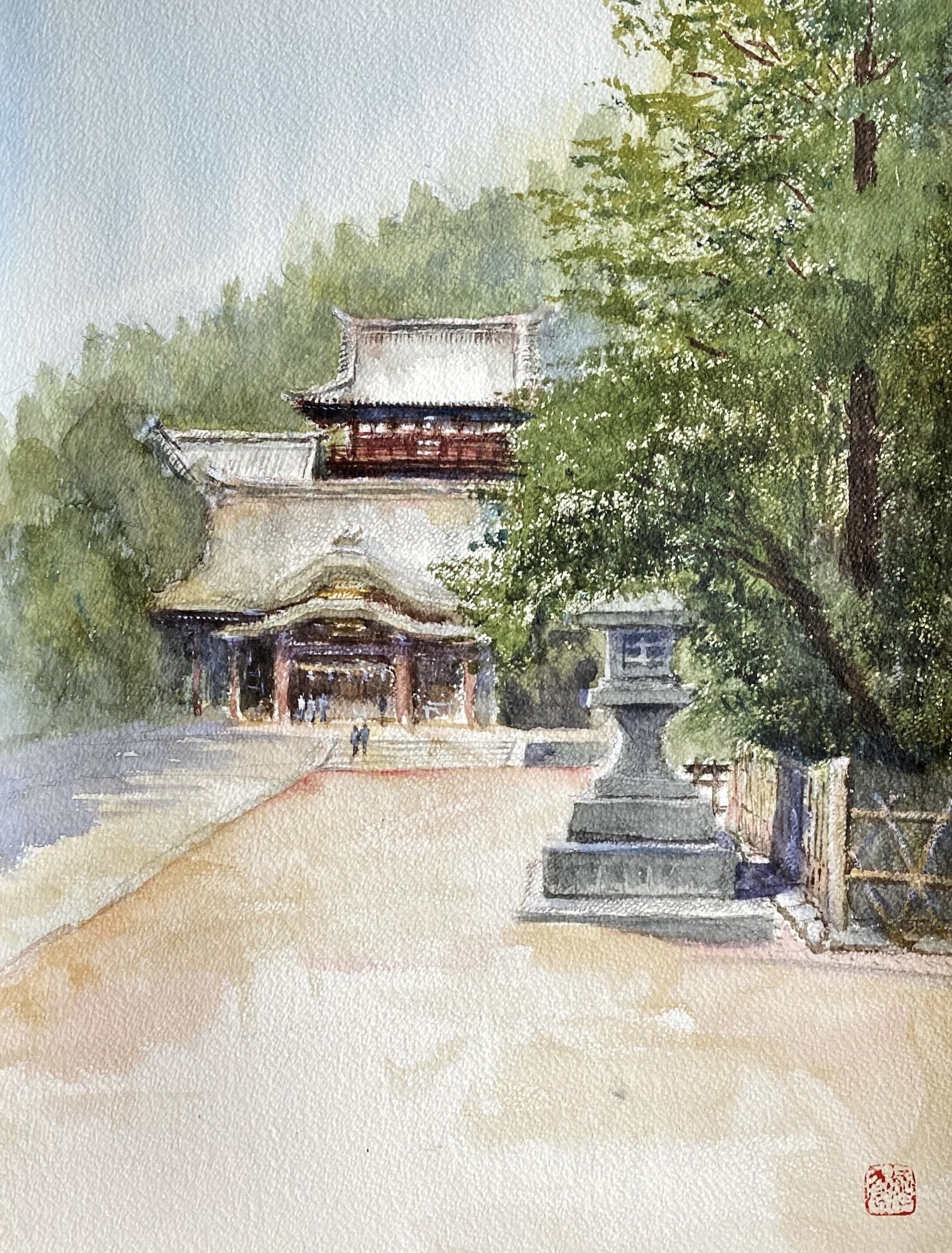 水彩画「鎌倉参道」 注文制作します 水彩画原画 江ノ電鎌倉高校前踏切 21 | iichi