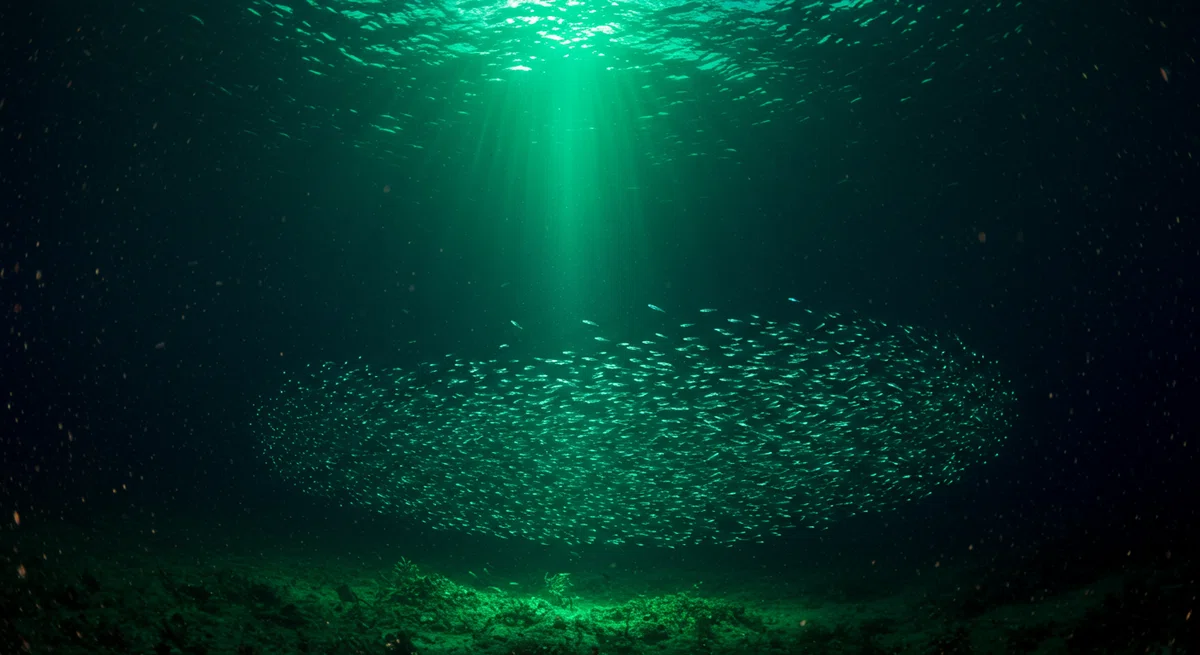 光にプランクトンと小魚が集まる、幻想的な海中の様子。