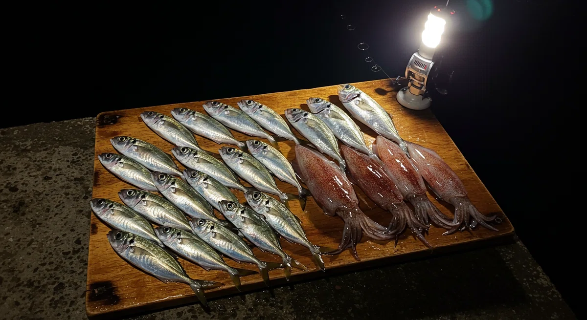 夜の堤防に並べられた、見事な釣果。