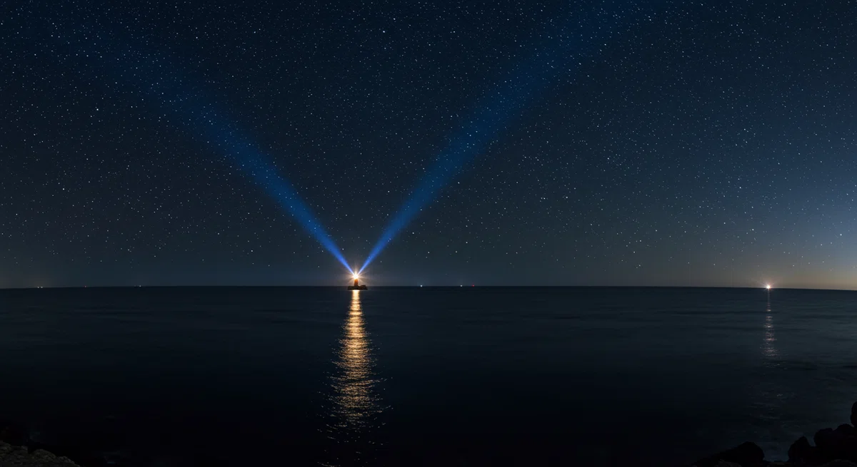 広大な夜の海と、遠くに見える灯台の光。