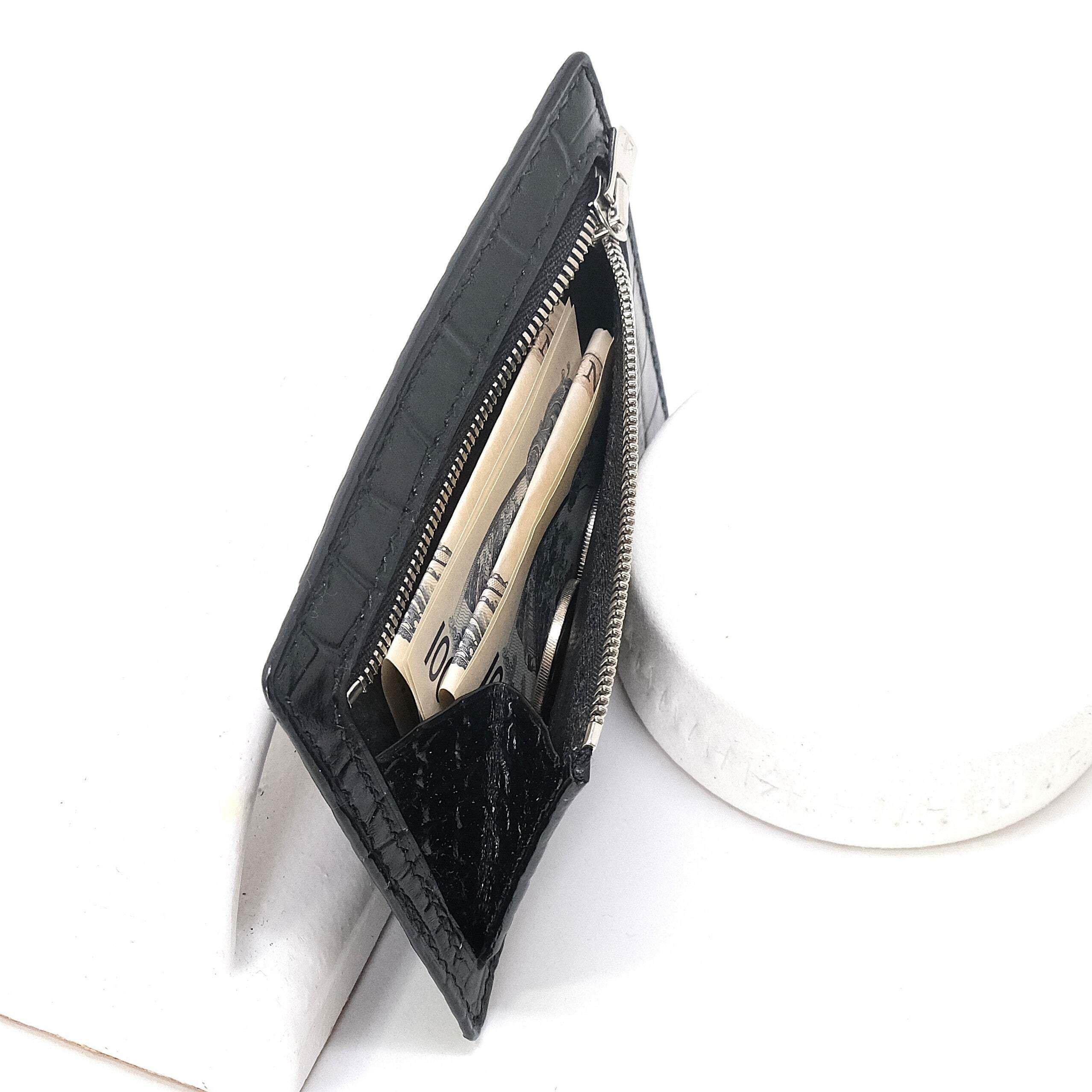 【ハンドメイド】本革　ミニフラグメントケース85×135　クロコ型押しブラック レザークラフト作品398～フラグメントケース85×135【黒