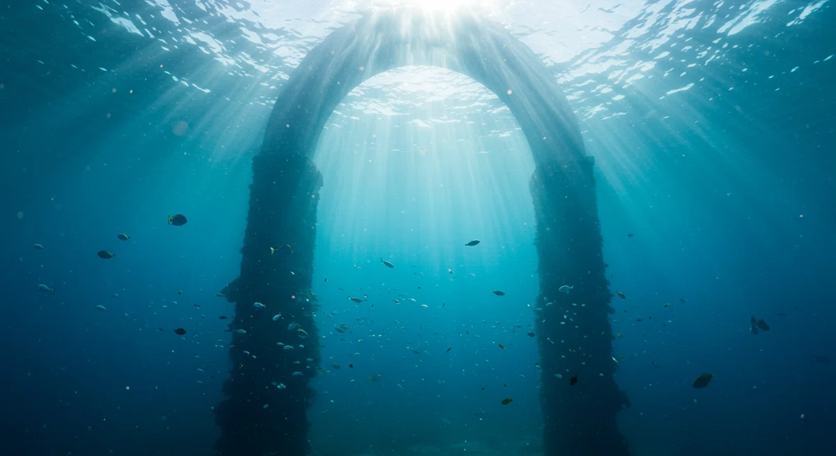 太陽の光が海中に差し込む、神秘的で美しい水中風景。