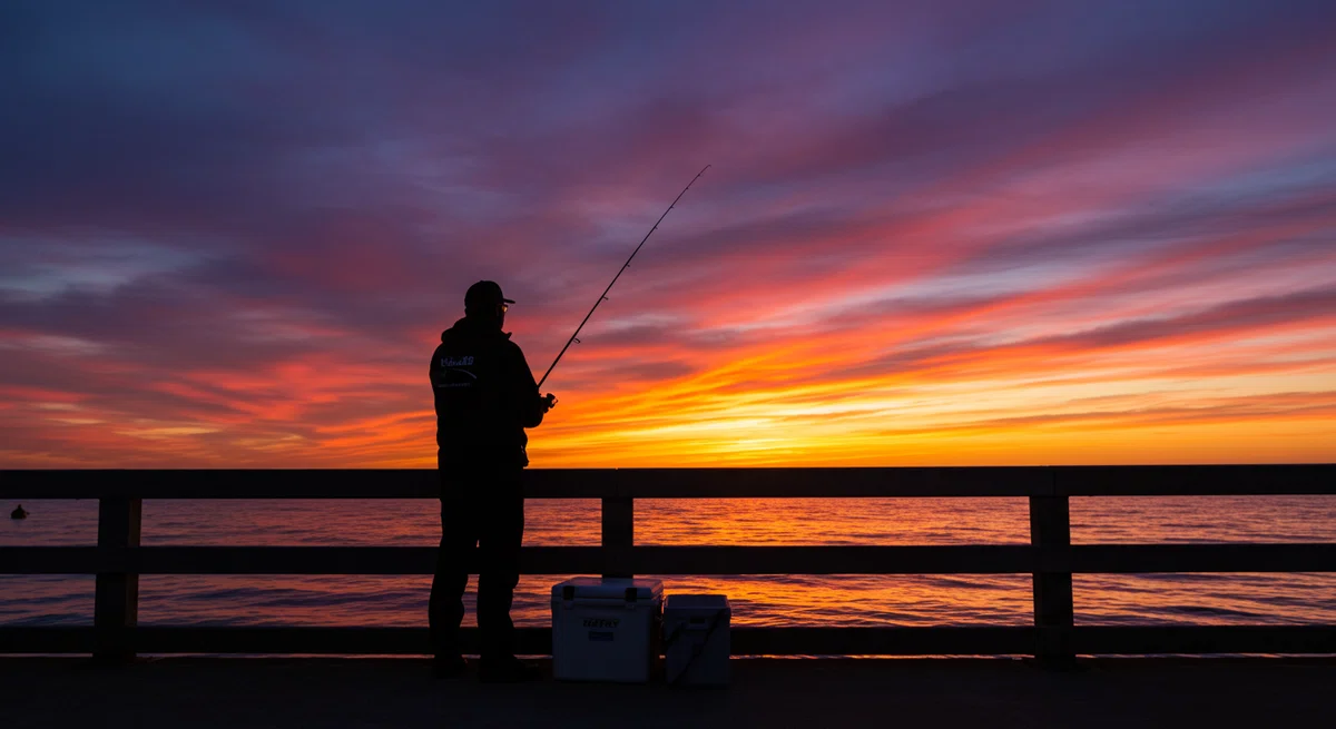 釣りを終えた満足感と、水平線に沈む夕日を眺める、感動的な一日の終わり。