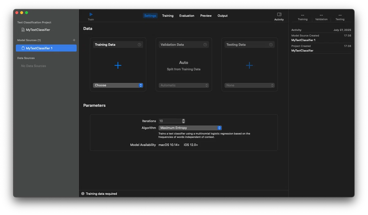 Training Testing Validation Example Let's try using CreateML|hatoribe