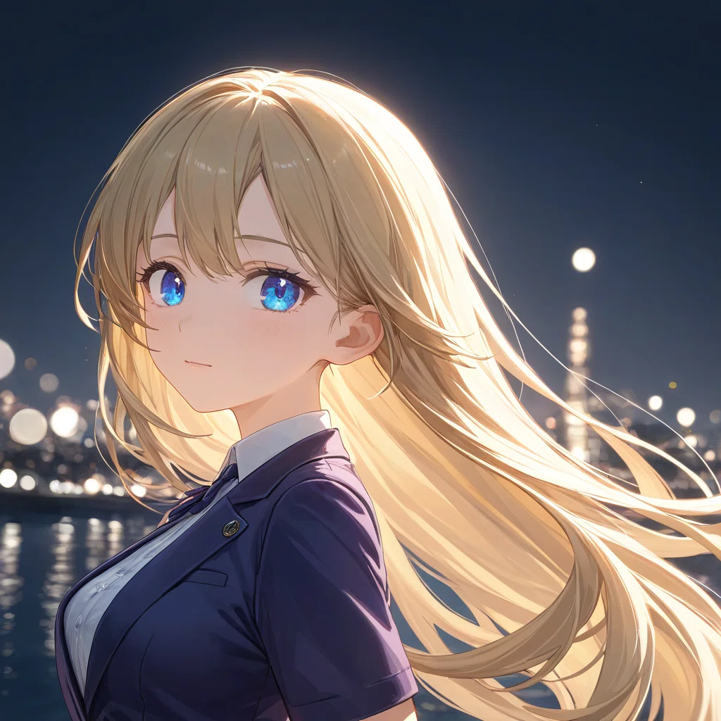 SDXLで生成した金髪女性のアニメ風イラスト。全体的にくすんだ青色調で、コントラストが低め。