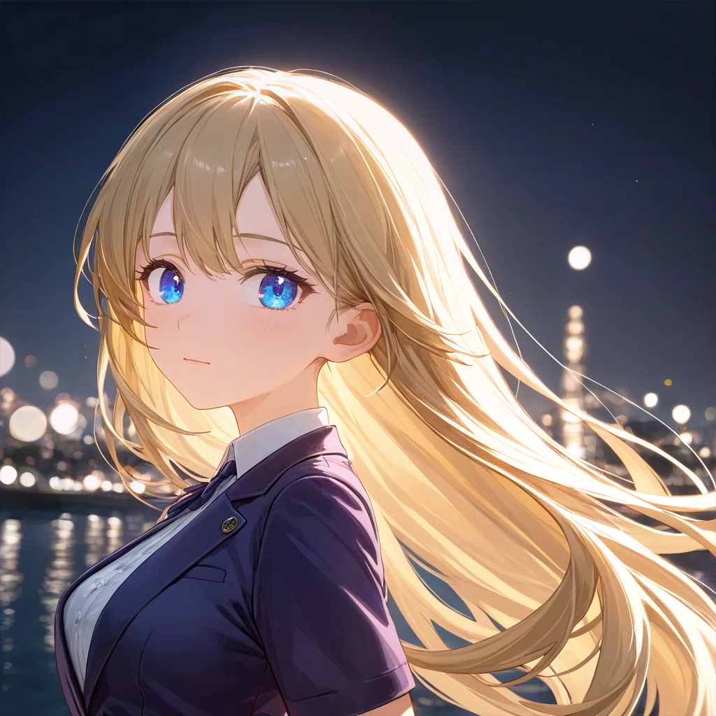 SDXLの金髪女性イラストにSuper POPでAI自動補正を施した画像。くすんだ青みが取り除かれ、肌の血色が向上。