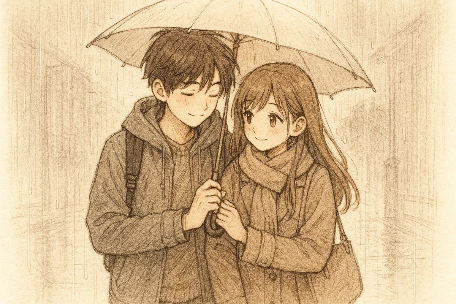 鉛筆画「My rainy day」　B5大サイズ ChatGPTでアニメ風鉛筆画イラスト！青春と日常を画像生成で描く｜田中