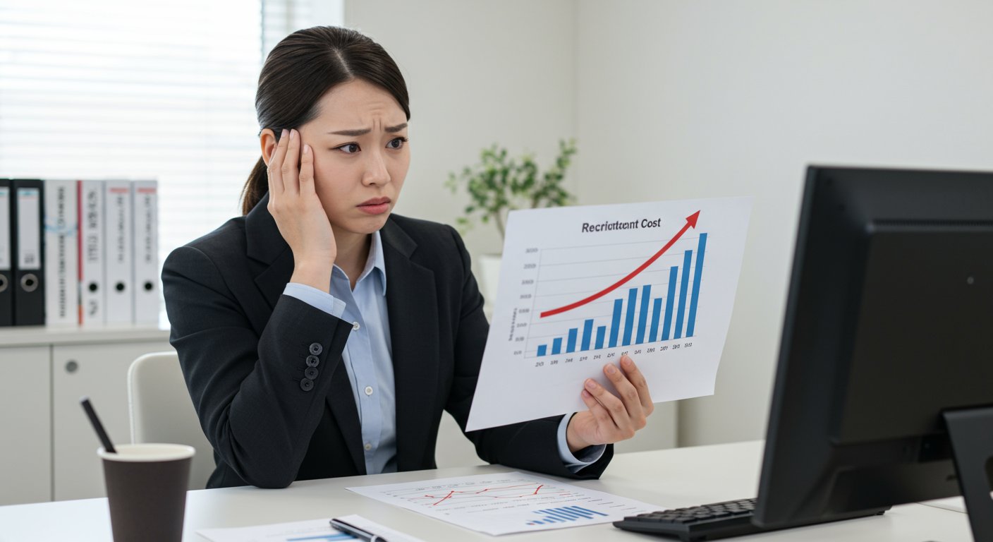 採用コスト増加グラフと悩む採用担当者