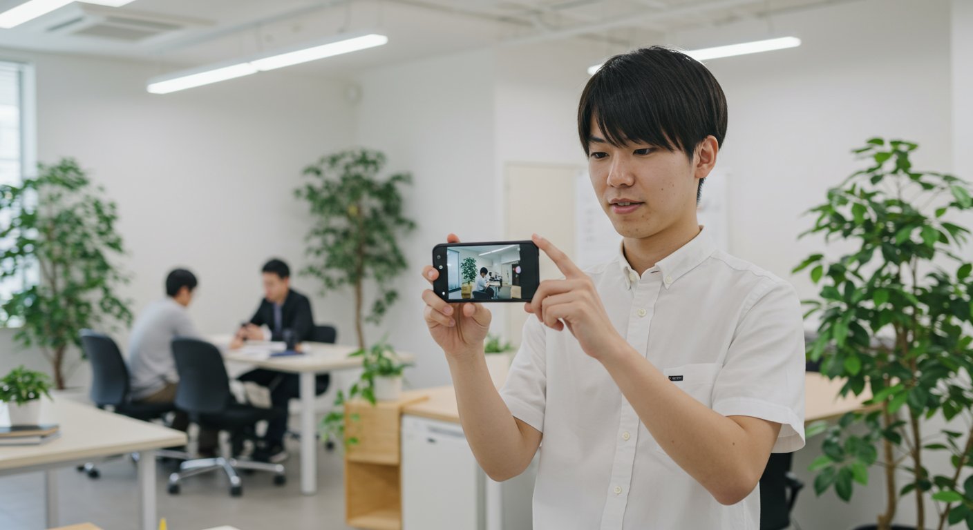 スマートフォンでショート動画を撮影する若手社員