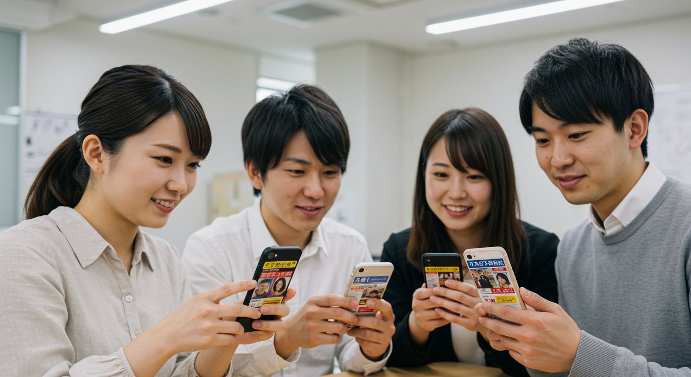 スマートフォンでSNSを見る若者たち