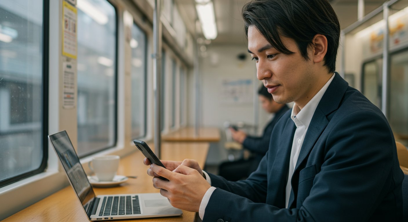 スマートフォンでSNS採用コンテンツを閲覧する若者