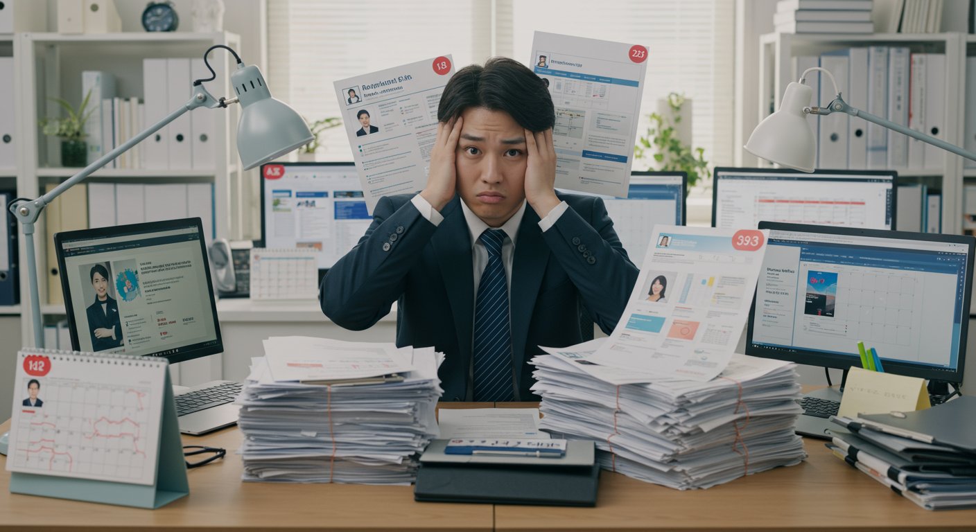 採用担当者が抱える多様な業務と課題を表現した画像