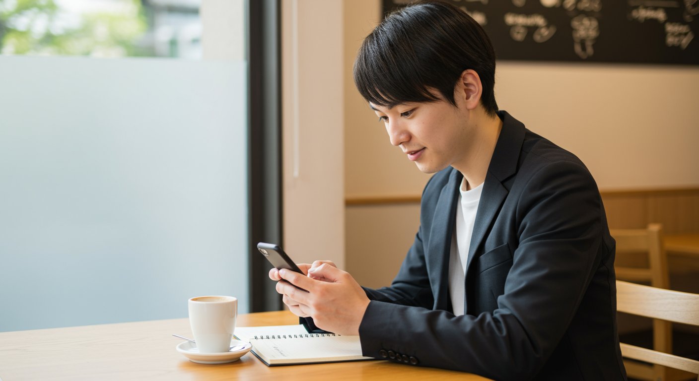 スマートフォンでSNS採用広告を見る若手求職者