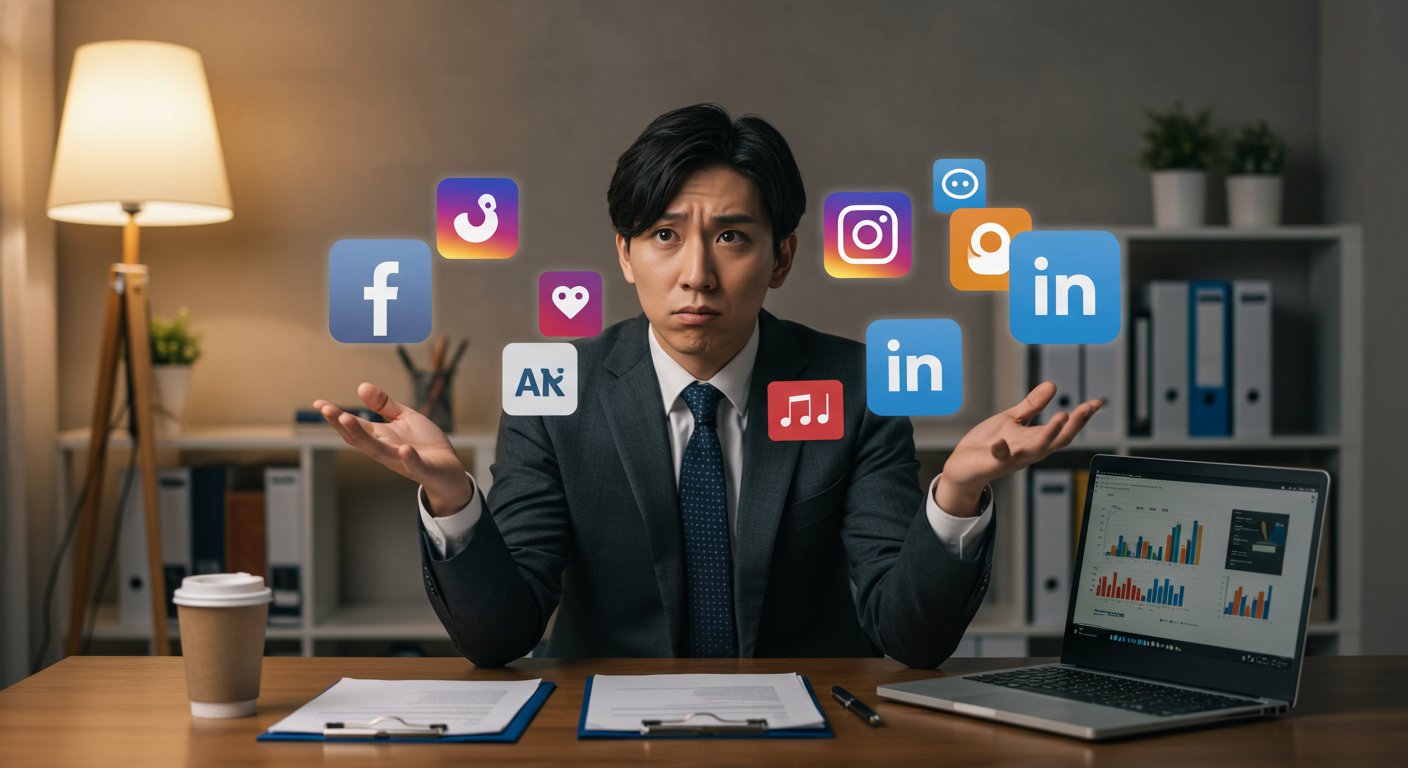 様々なSNSプラットフォームのアイコンと採用担当者が悩む様子