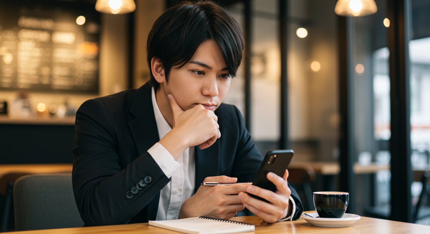 スマートフォンでInstagramの採用広告を見ている若い求職者
