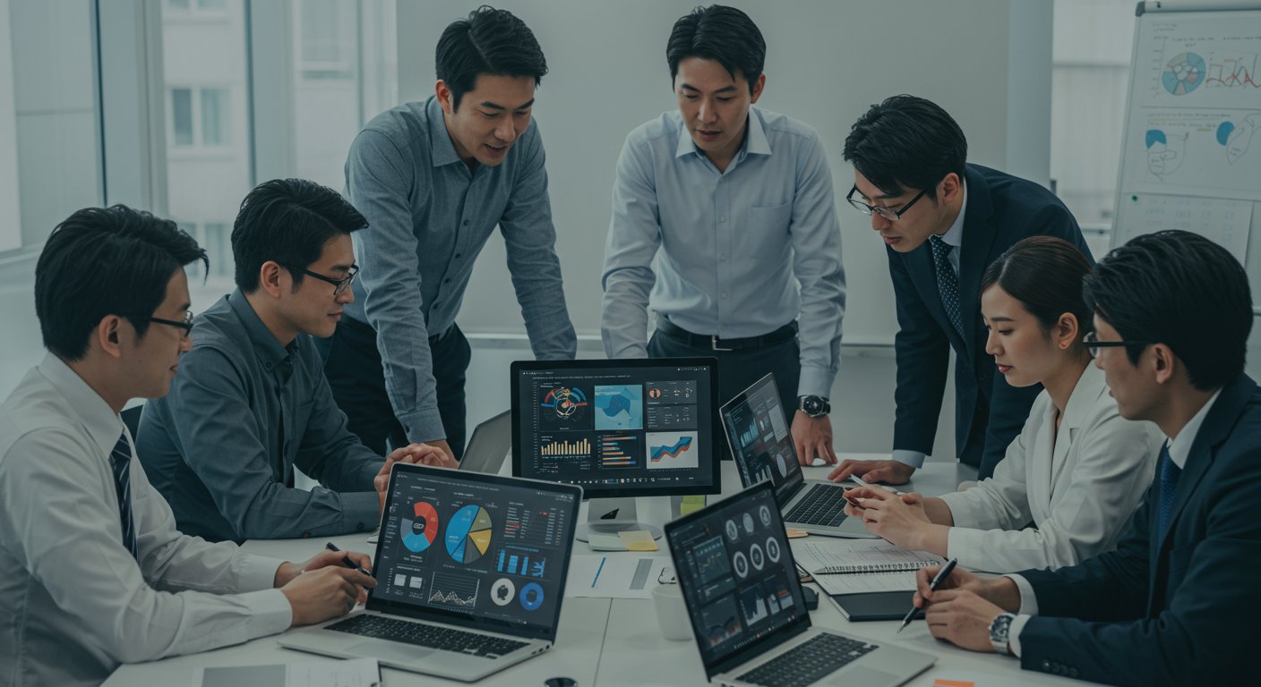 異なる業界の採用担当者が効果測定データを分析している様子