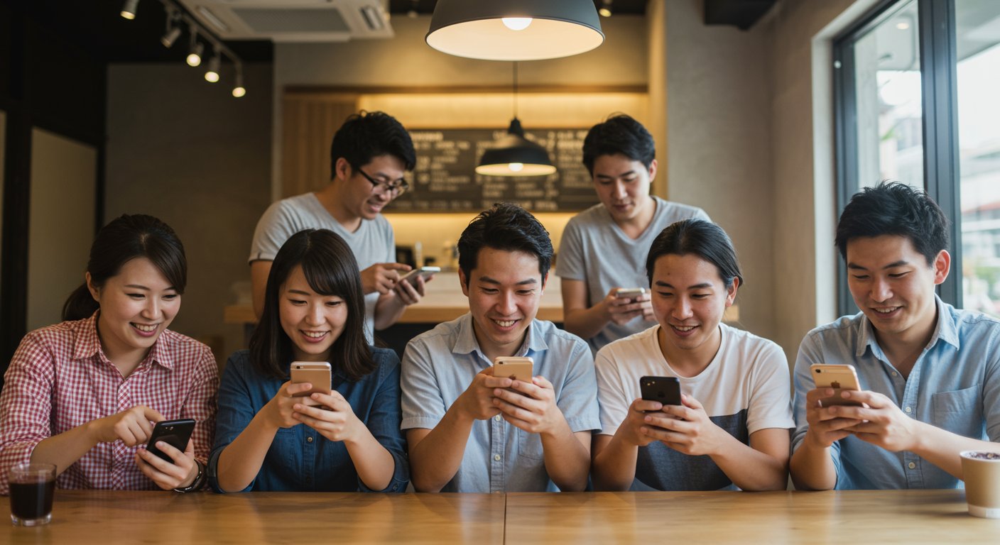 スマートフォンでSNSを閲覧する若い世代の様子