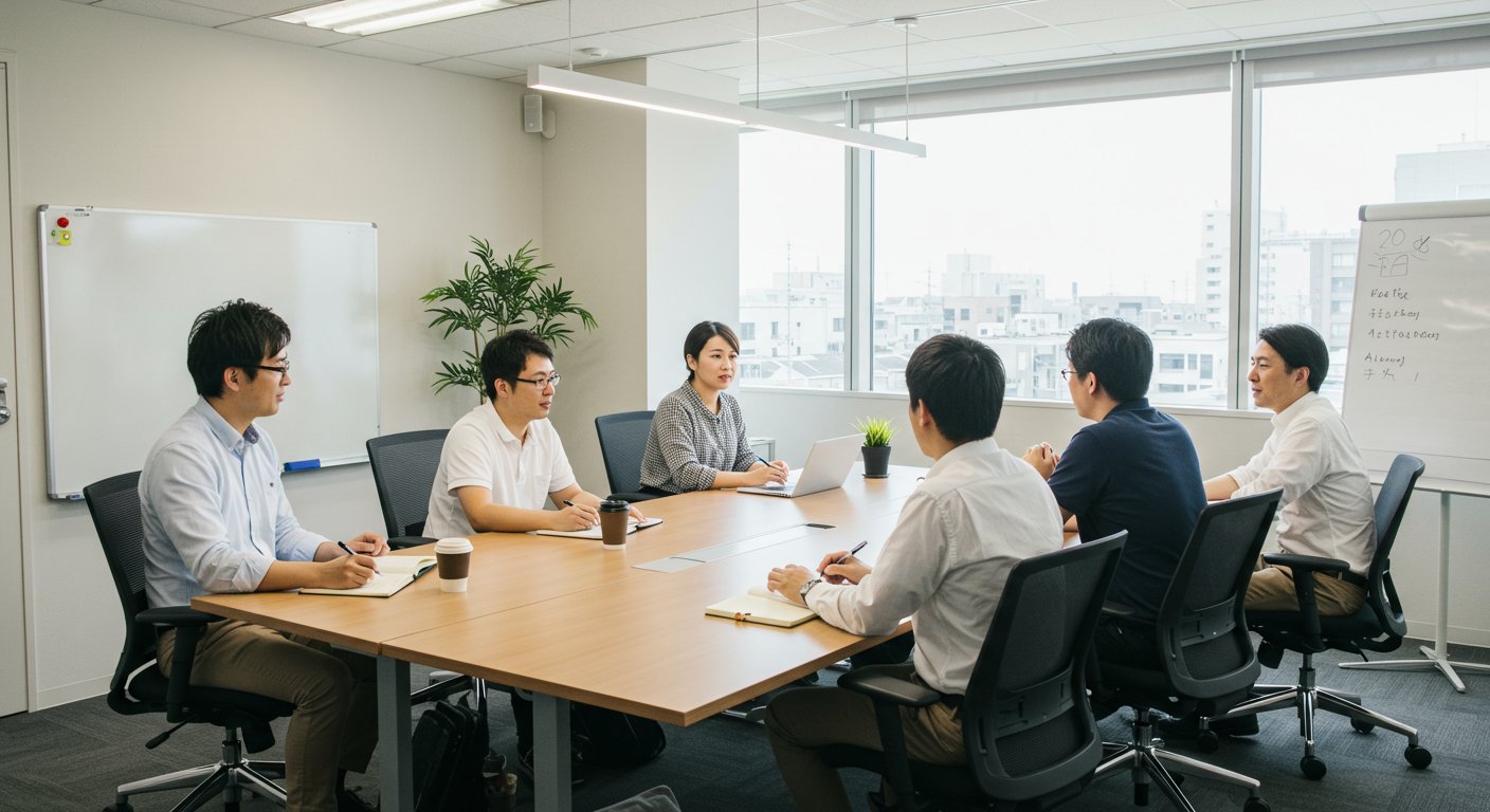 オフィスでミーティングをする多様な社員たち