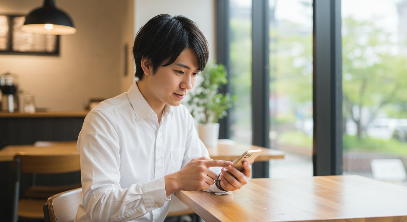 スマートフォンでTwitterを見る若い求職者