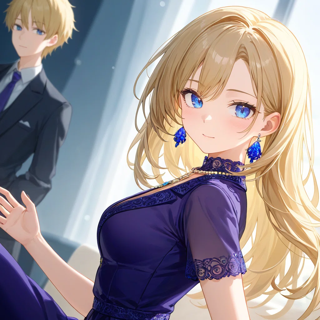 SDXLで生成した豪華な内装の部屋に立つ金髪女性のアニメ風イラスト。やや青みがかったオリジナル画像。