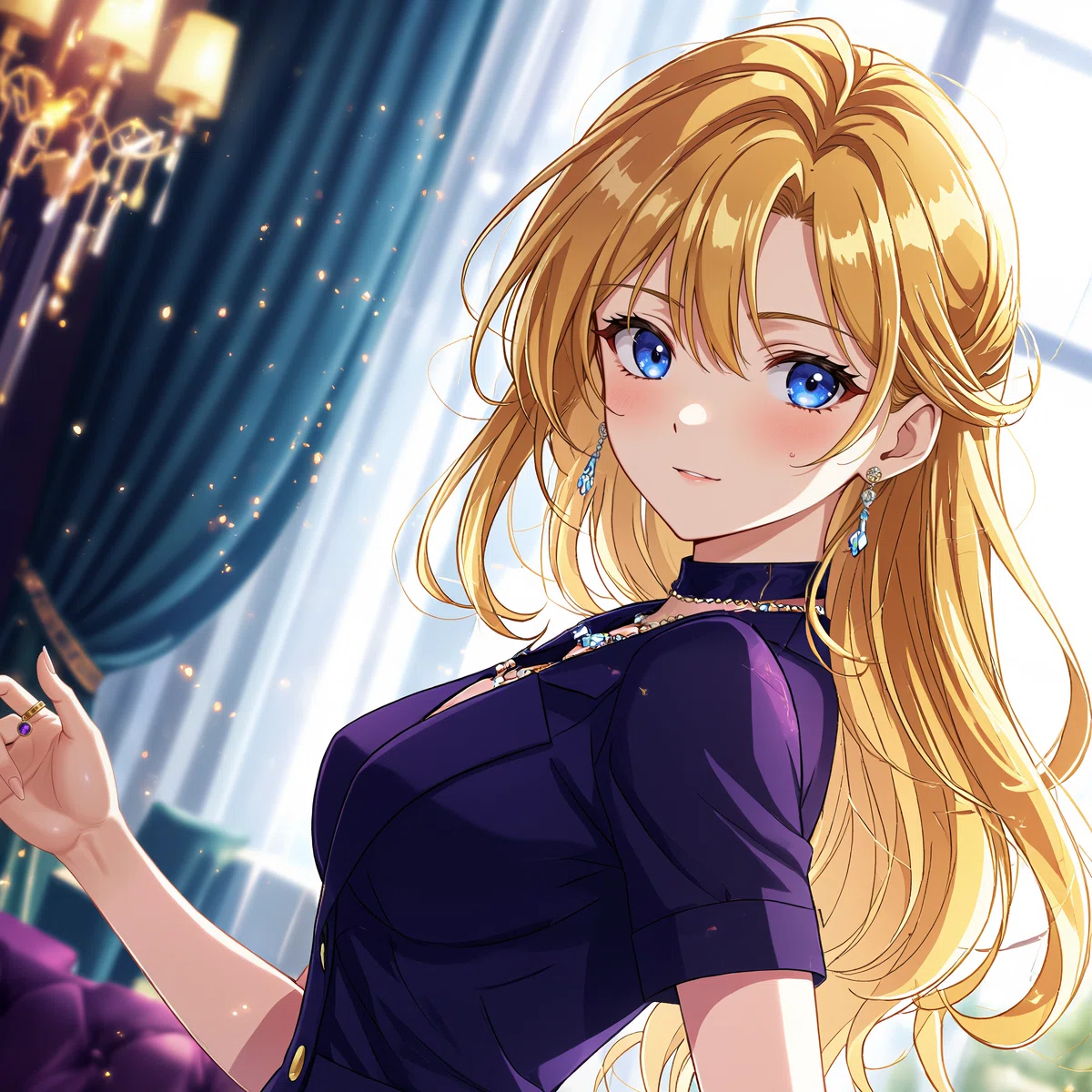 豪華な内装の部屋に立つ金髪女性のアニメ風イラスト。SuperBeastsで色補正し、HiDreamで再描画した鮮やかな完成画像。