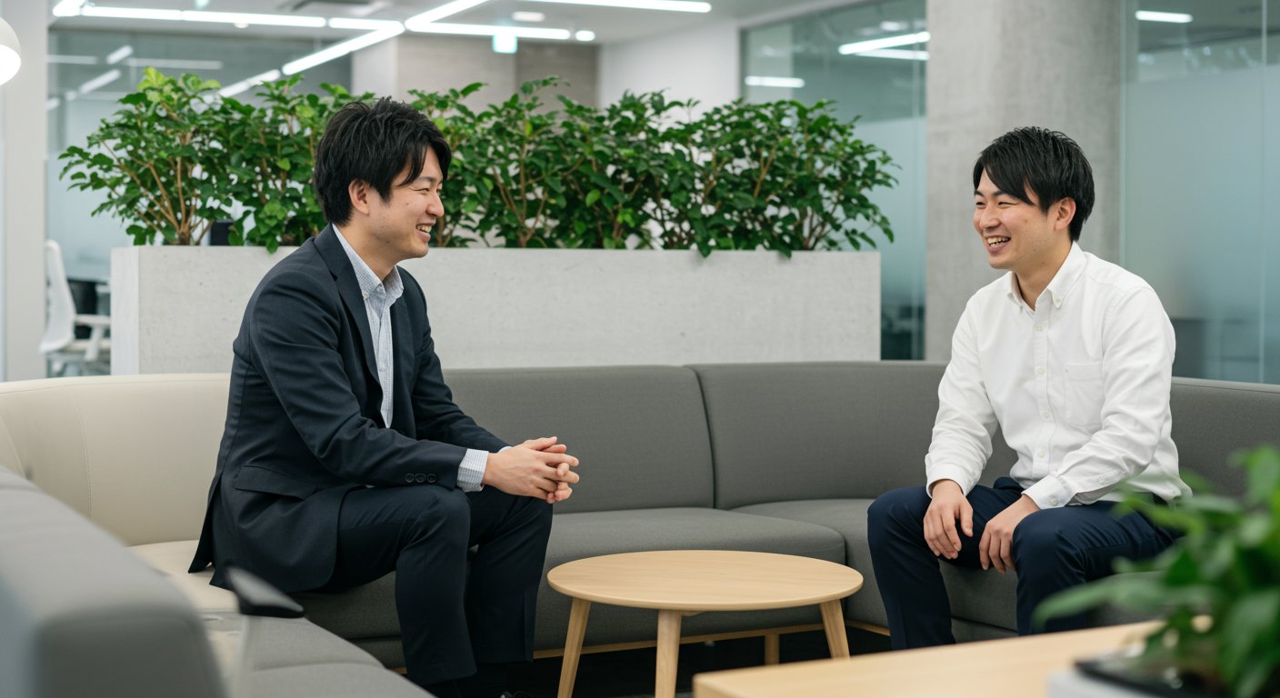 社員が同僚に会社を紹介している様子