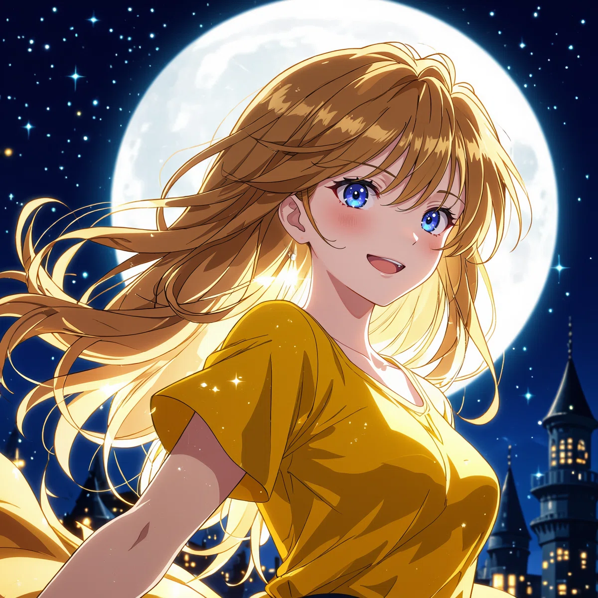 夜の遊園地ではしゃぐ金髪女性のアニメ風イラスト。SuperBeastsで色補正し、HiDreamで再描画した鮮やかな完成画像。